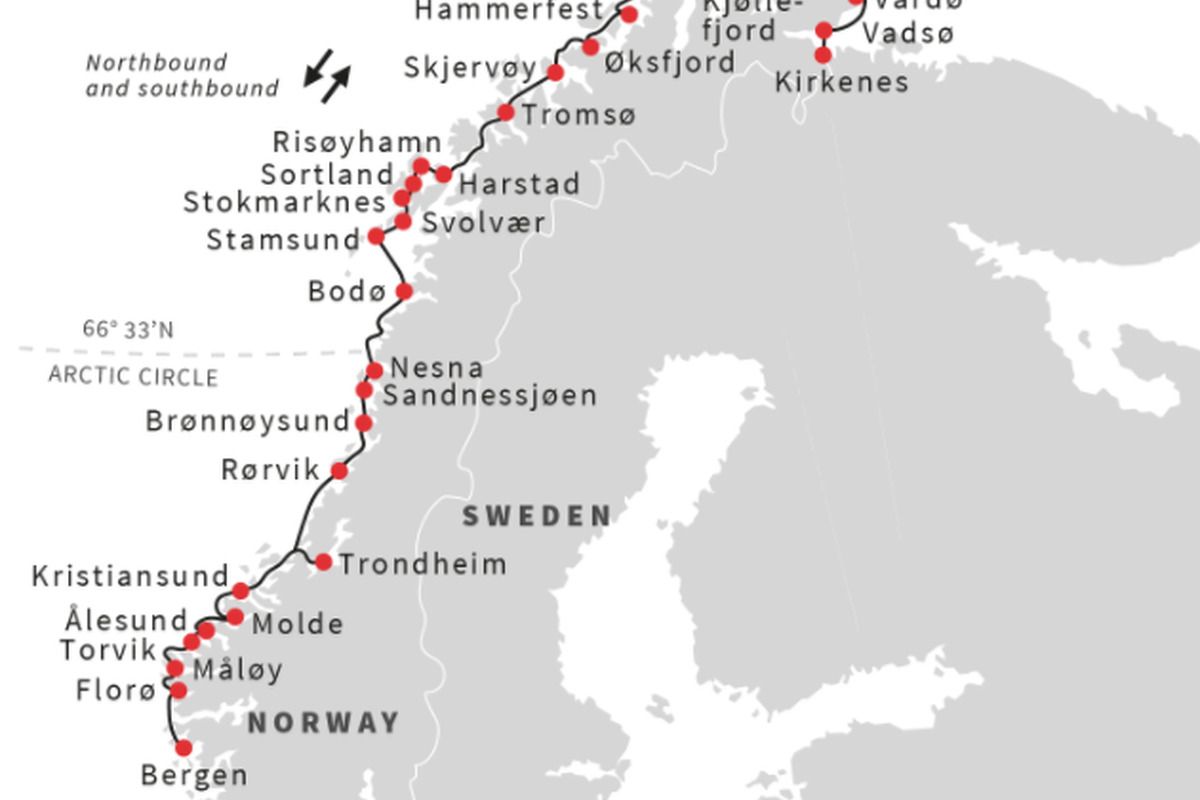 Route twaalfdaagse reis Hurtigruten