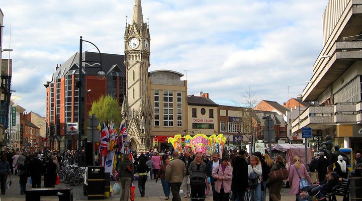 Het centrum van Leicester in Engeland