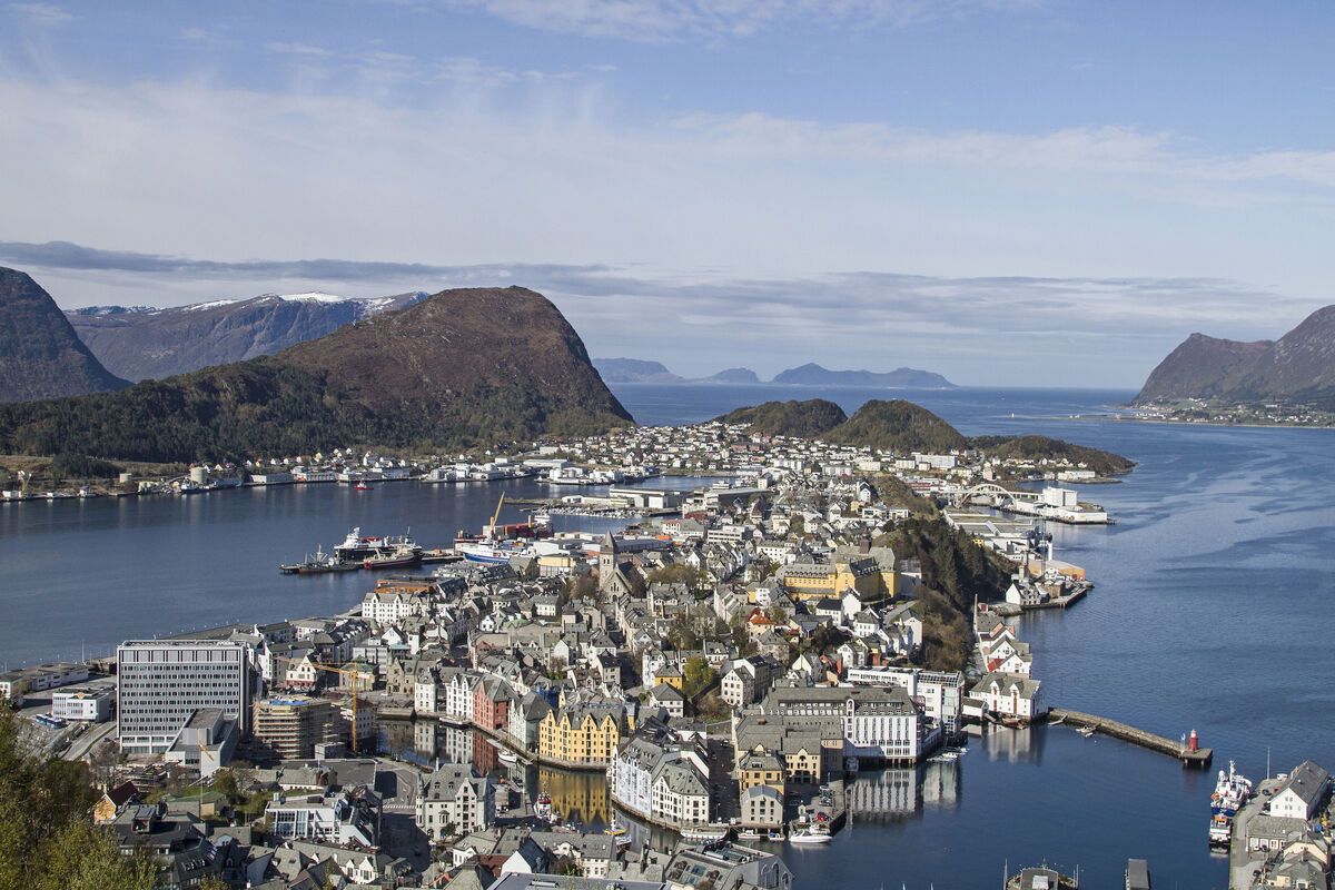 Alesund gezien vanaf berg Aksla, Noorwegen