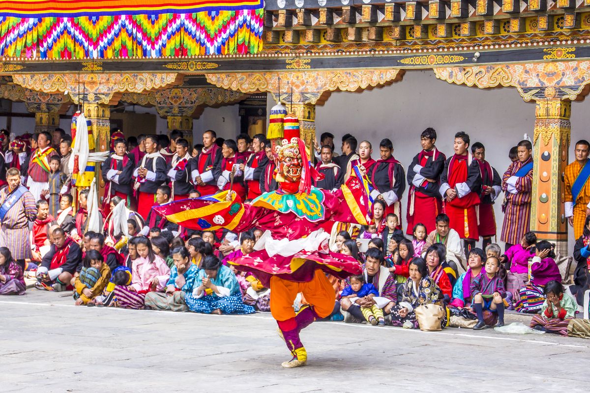 Gemaskerde dansers, Punakha, Bhutan