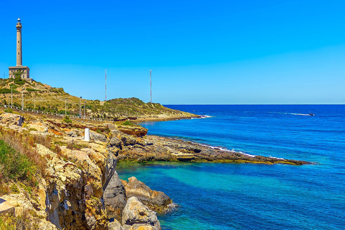 Cabo de Palos vuurtoren op La Manga, Murcia, Costa Cálida