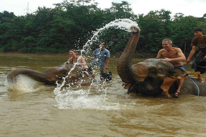 Sofie samen met haar vader in het olifantenpark in de stad Chiang Mai in Thailand