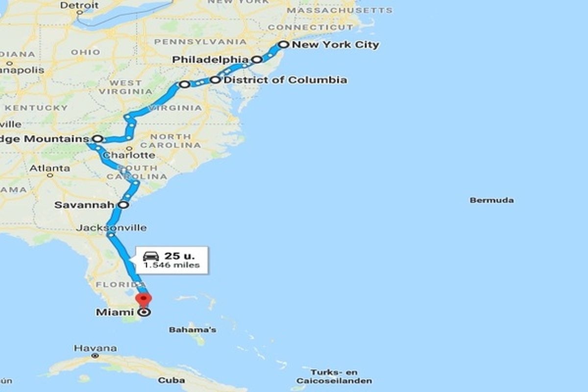 Route van New York naar Miami