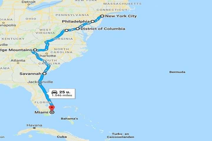 Route van New York naar Miami