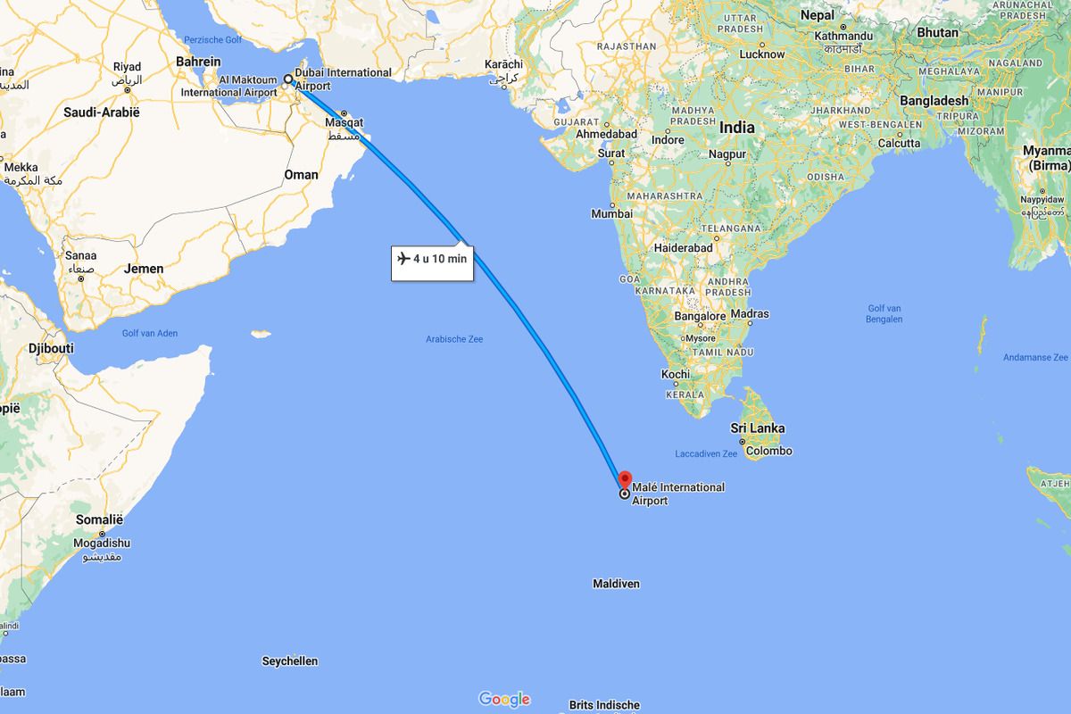 Kaart Dubai naar Malediven &copy;Google Maps