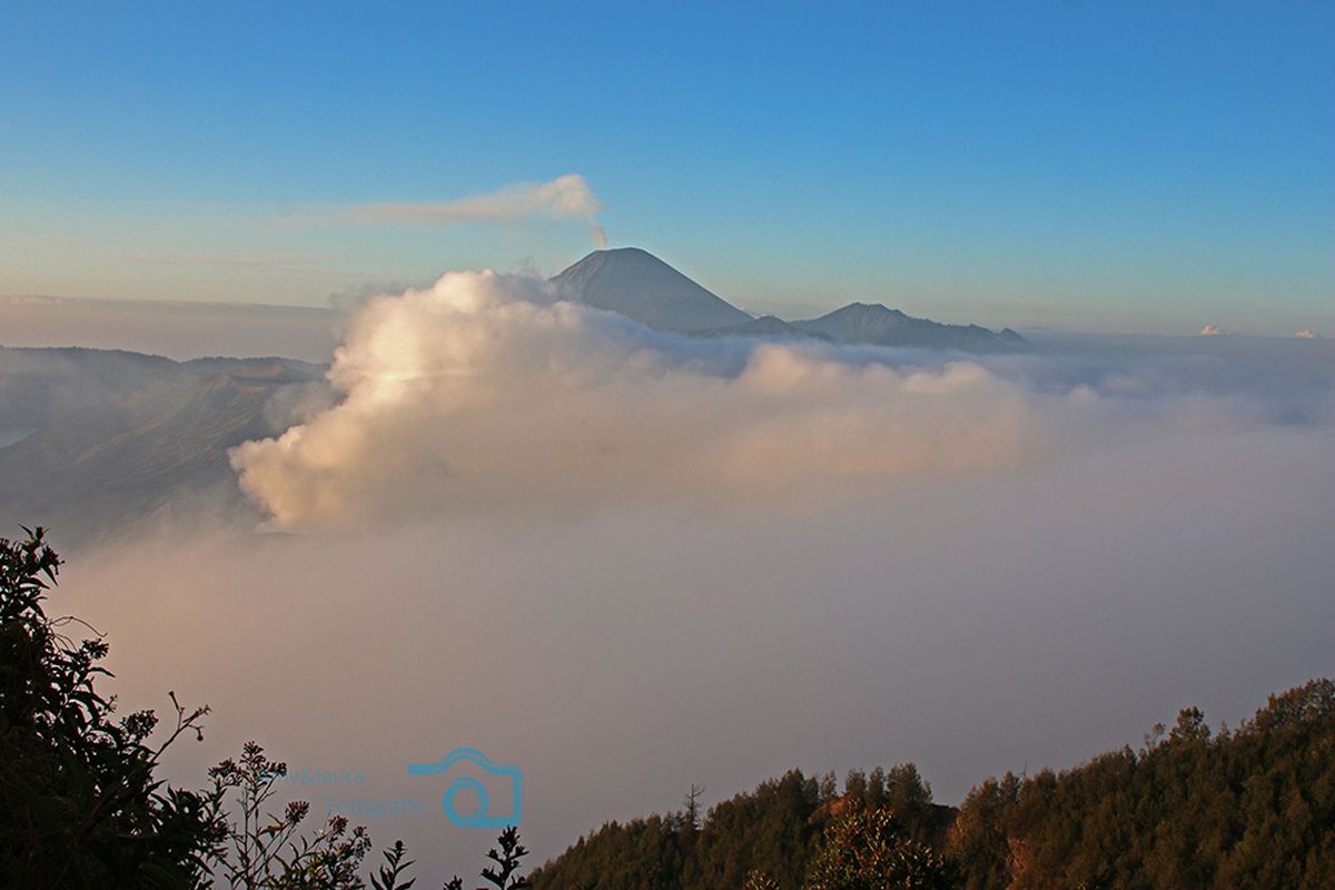 Bromo vulkaan in dichte mist
