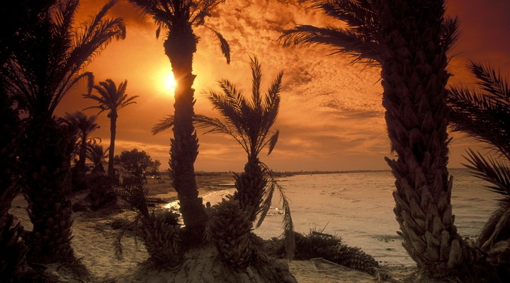 Ondergaande zon op het strand van Tunesi