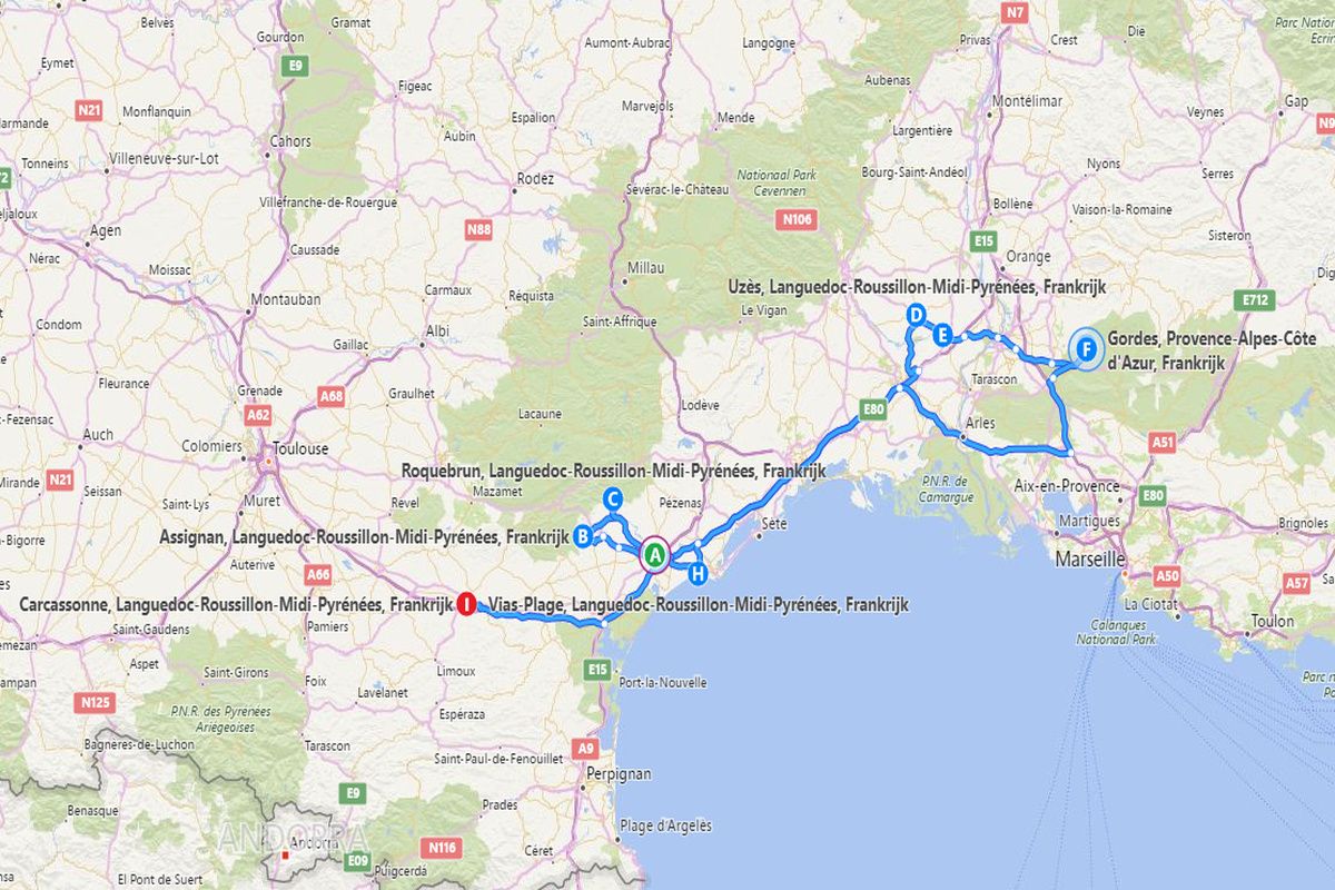 De route door Languedoc-Roussillon