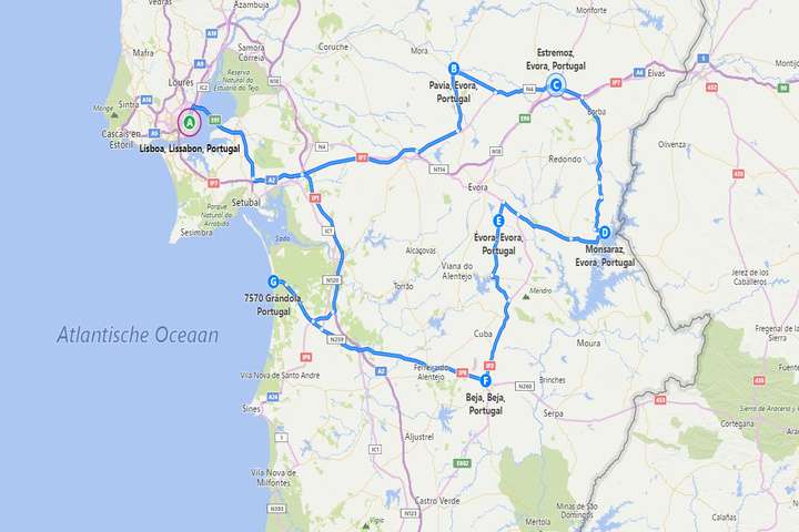 De route door Alentejo