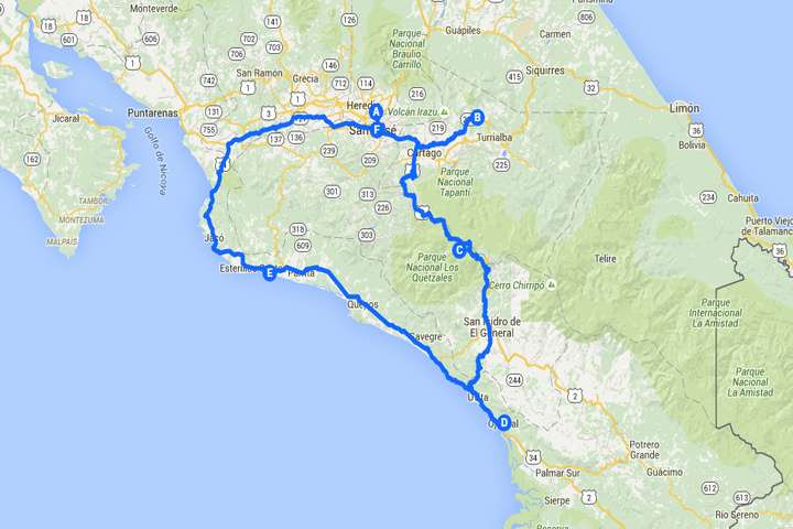 De route langs Hollandse hotels in Costa Rica - kaartgegevens ©2015 google