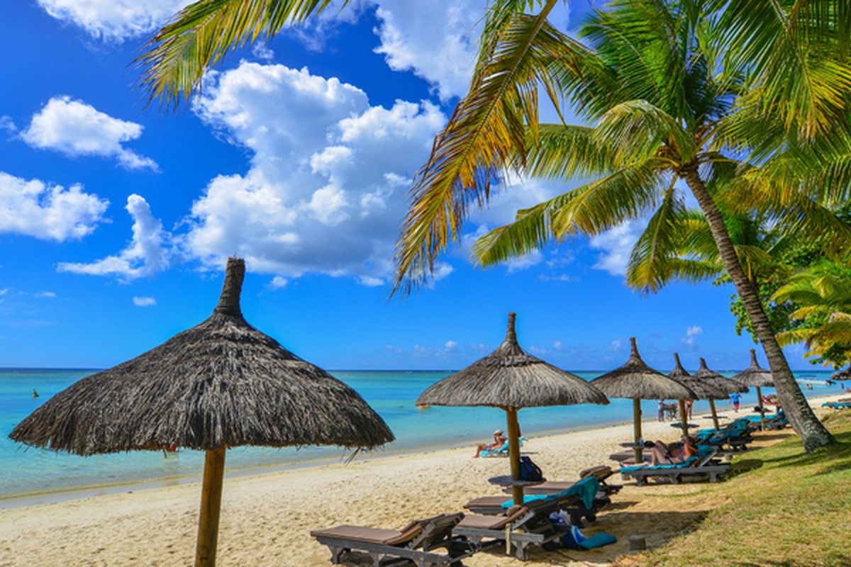 Een typisch strand op Mauritius