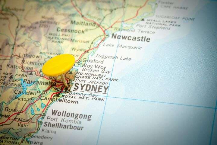 Sydney op de kaart van Australië