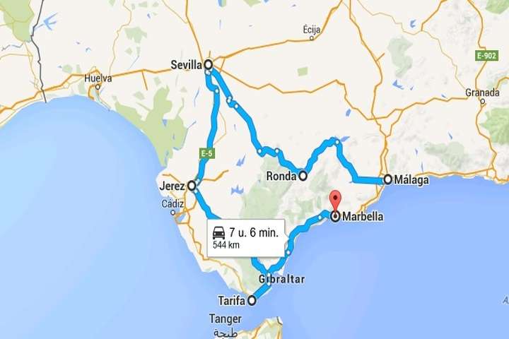 Kaart rondreis Andalusië 