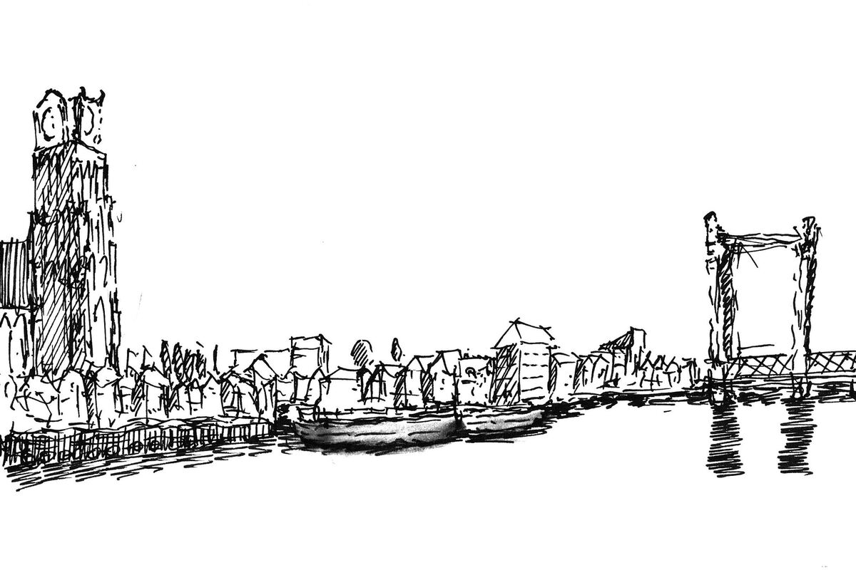 Dordrecht waterfront, tekening Johan Meeus