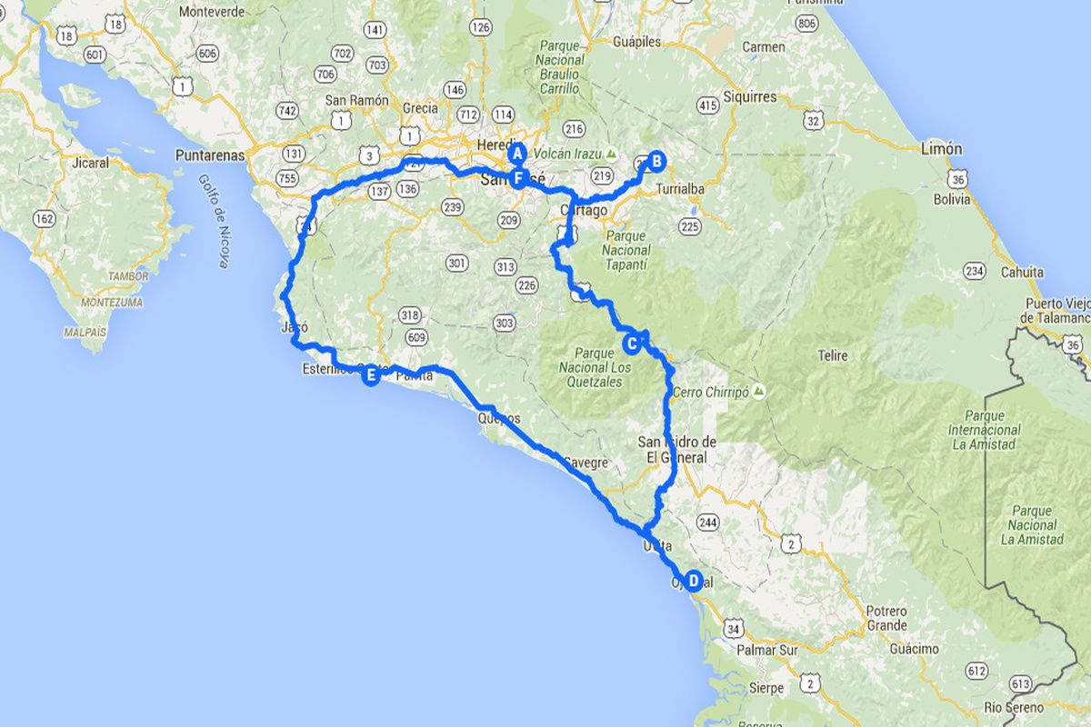 De route langs Hollandse hotels in Costa Rica - kaartgegevens &copy;2015 google